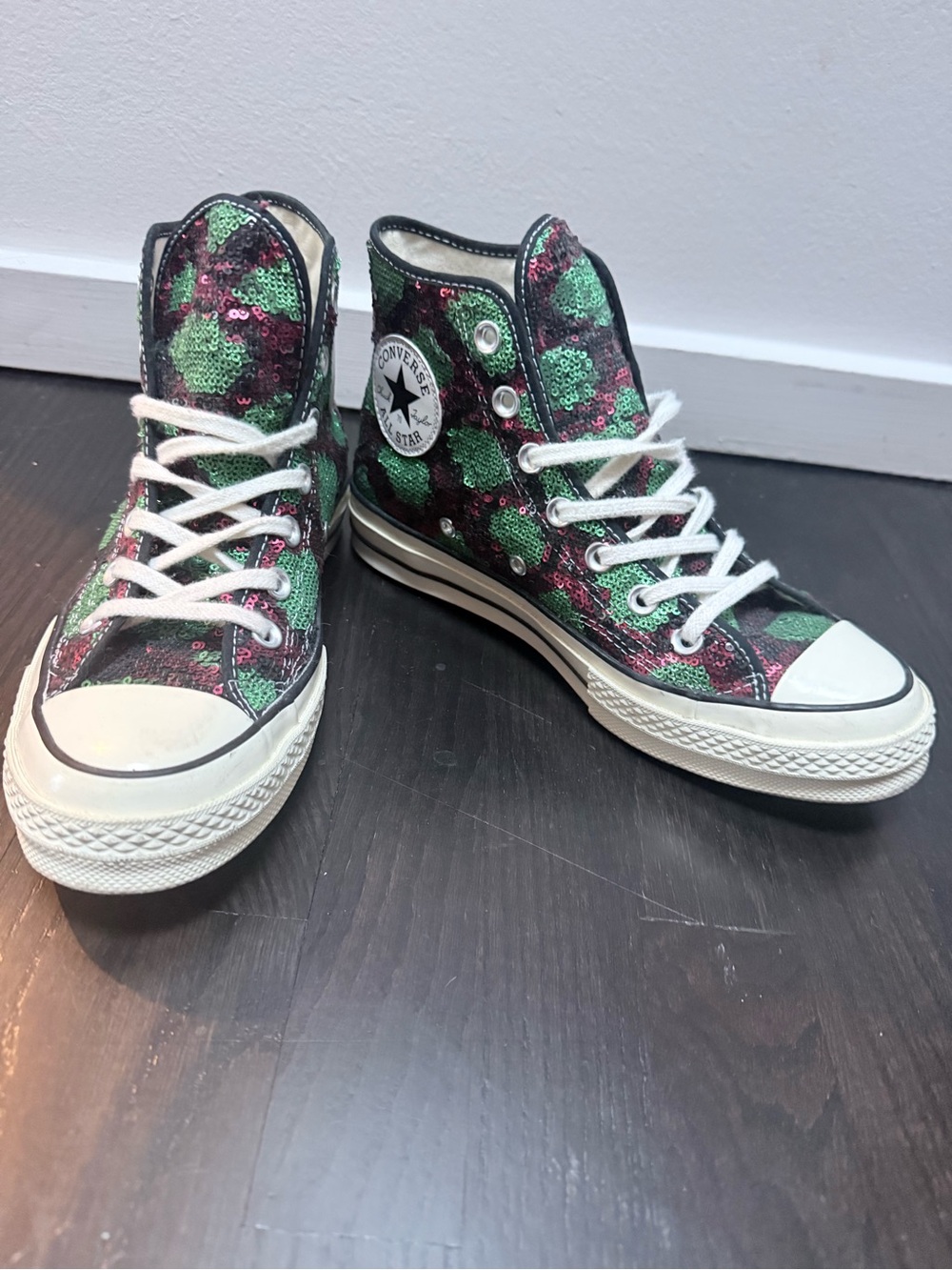 Converse High Top Sneakers in Green and Pink Sequin